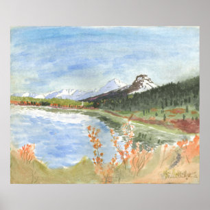 Póster Lago Wilderness en acuarela otoñal: