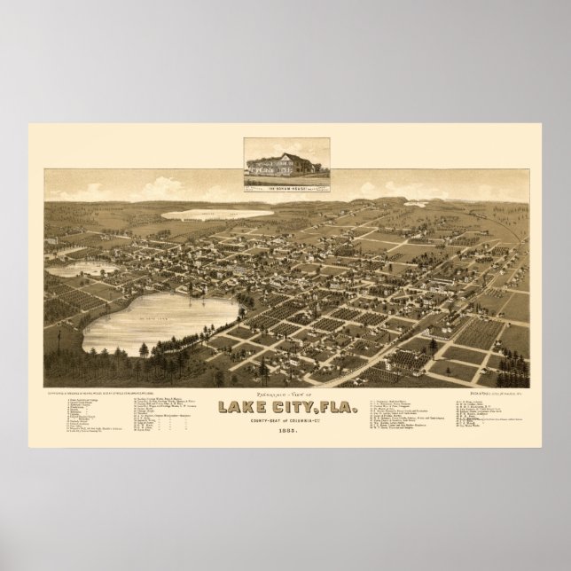 Póster Lake City, FL Panoramic Map - 1885 (Frente)