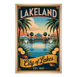 Póster Lakeland Antiguo Florida Ciudad de los Lagos Retro
