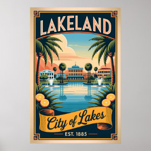 Póster Lakeland Antiguo Florida Ciudad de los Lagos Retro