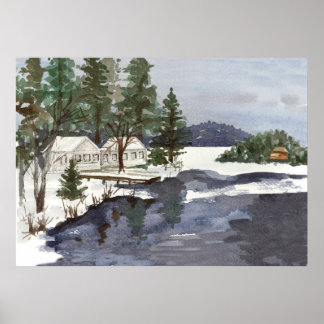 Póster Lakeside Cabins Winter Long Pond Belgrade Maine
