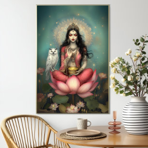 Póster Lakshmi Diosa Hindú de la Prosperidad Búho Loto
