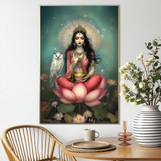 Póster Lakshmi Diosa Hindú de la Prosperidad Búho Loto