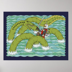 Póster Lambton Worm y caballero