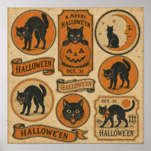 Póster Lámina Vintage de Halloween Gatos Negros