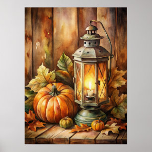 Póster Lámpara y Calabazas de Otoño