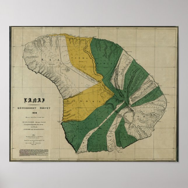 Póster Lanai, 1878, Mapa de Hawaii de época (Frente)