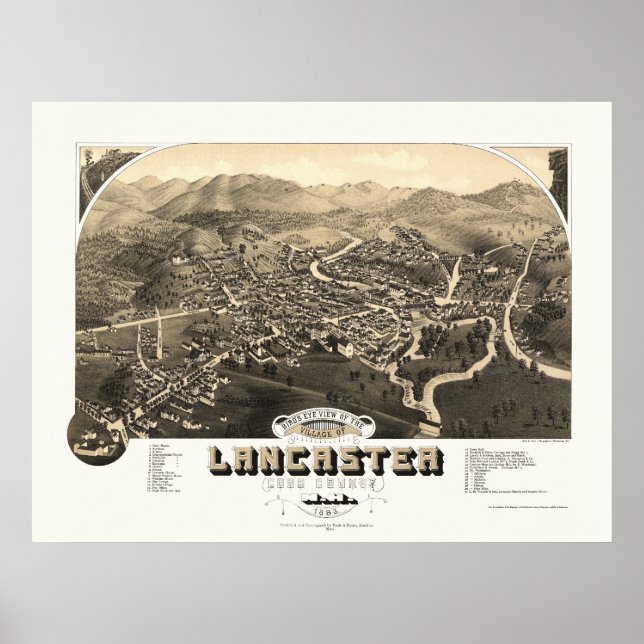 Póster Lancaster, Mapa Panorámico NH - 1883 (Frente)