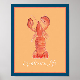 Póster Langosta Cangrejo de Río Crustáceo Acuarela