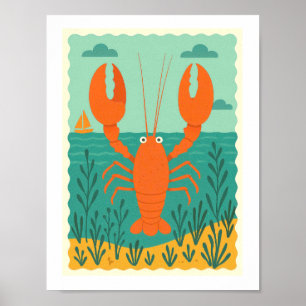 Póster Langosta Retro Océano Náutico Costero Vida Marina
