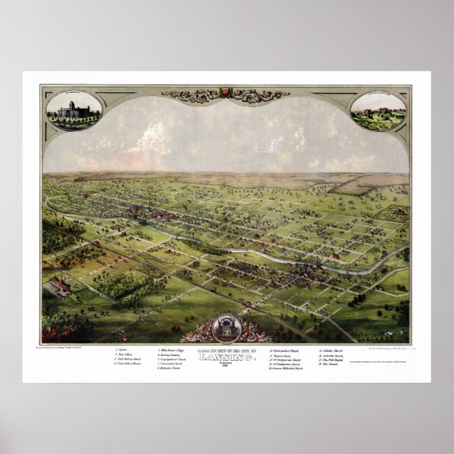 Póster Lansing, Mapa Panorámico MI - 1866 (Frente)