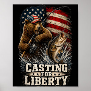 Póster Lanzando por la libertad oso patriótico pescador