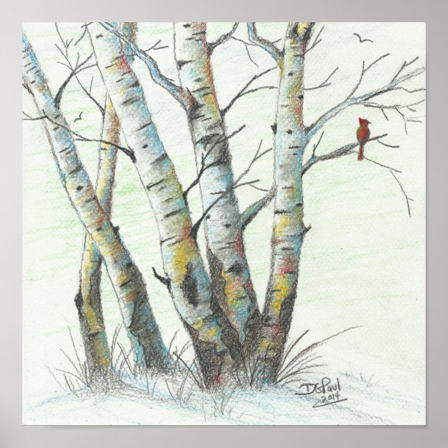 Póster Lápiz de colores de los pájaros de invierno (Frente)