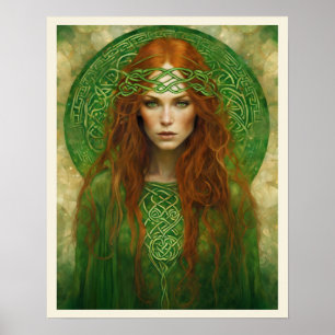 Póster Larga Red Hair Green Celtic Knot Headband Mujer