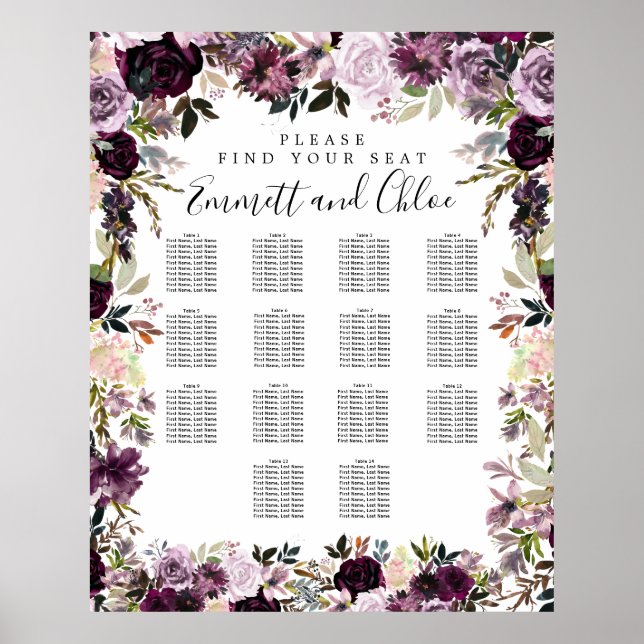 Póster Large Purple Pink Floral 14-Table Seating Chart (Frente)