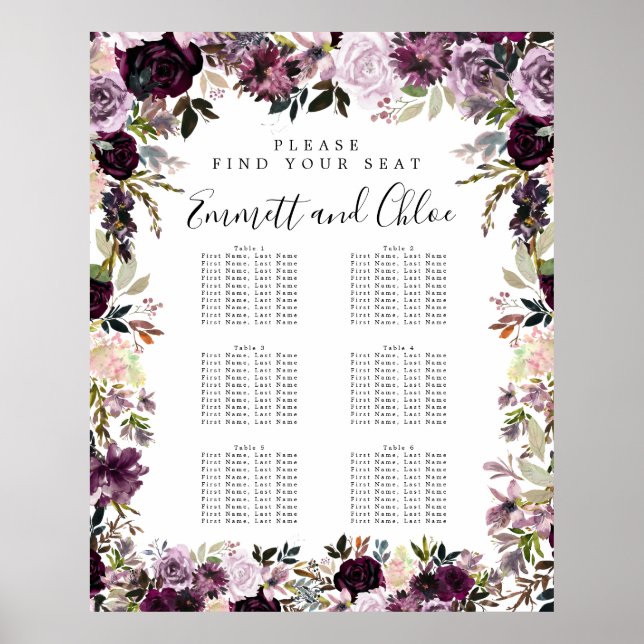 Póster Large Purple Pink Floral 6-Table Seating Chart (Frente)