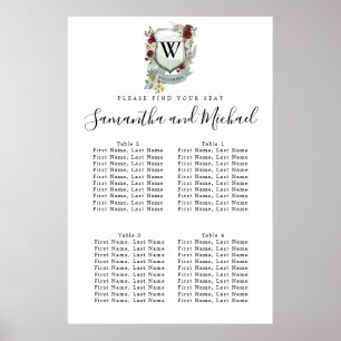 Póster Large Red Floral Crest  4-Table Seating Chart