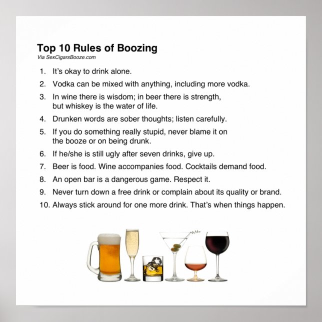 Póster Las 10 mejores reglas de Boozing (Frente)