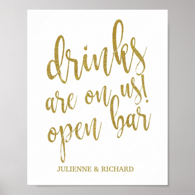 Póster ¡Las bebidas están sobre nosotros! Purpurina de ba (Frente)