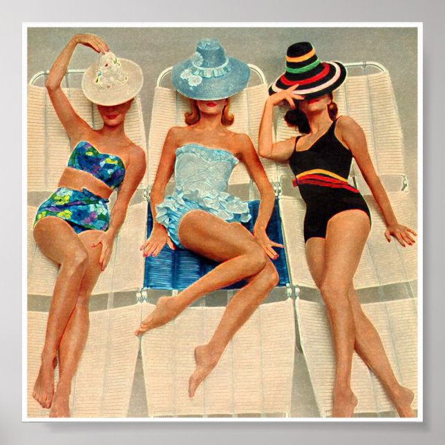 Póster Las damas descansan cerca de la piscina retro vint (Frente)