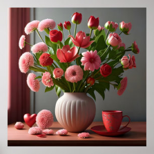 Póster las flores aman los ramos día de San Valentín rosa