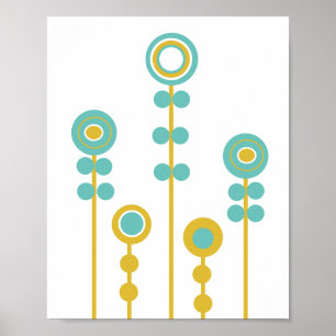 Póster Las flores, retro, mostaza y verde azulado