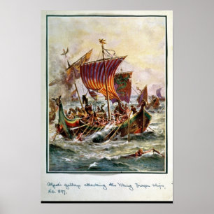 Póster Las galeras de Alfred atacando el dragón vikinés