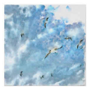 Póster Las Gaviotas De Los Ajedrecistas En La Acuarela Ce