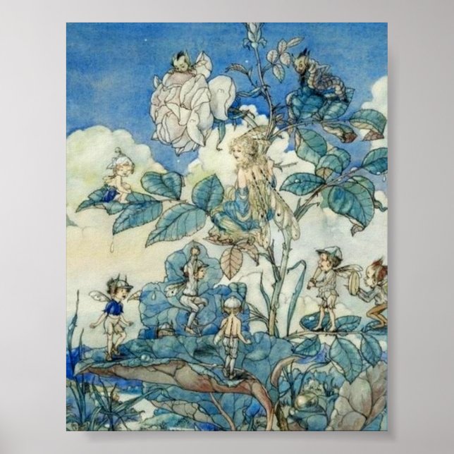 Póster Las hadas vintage en un Bush Rosa (Frente)