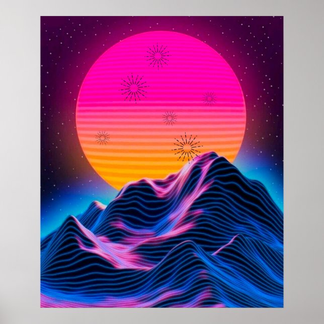 Póster Las luminosas montañas Neon oscilan entre el amane (Frente)