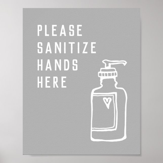 Póster Las manos minimalistas gris sanitizan aquí (Frente)
