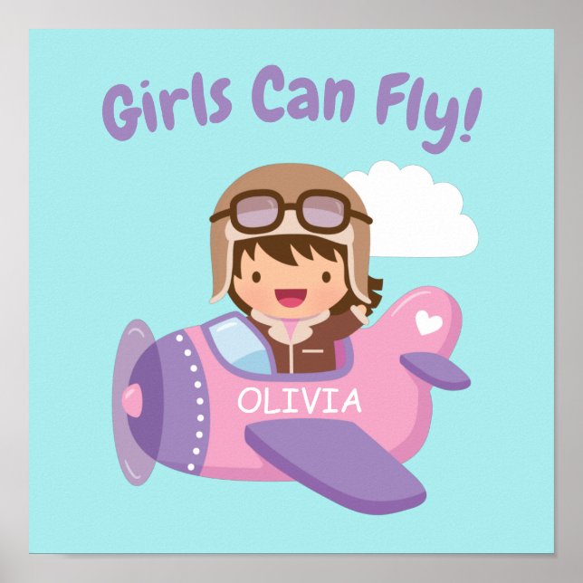 Póster Las niñas pueden volar Avioneta niña aviadora lind (Frente)
