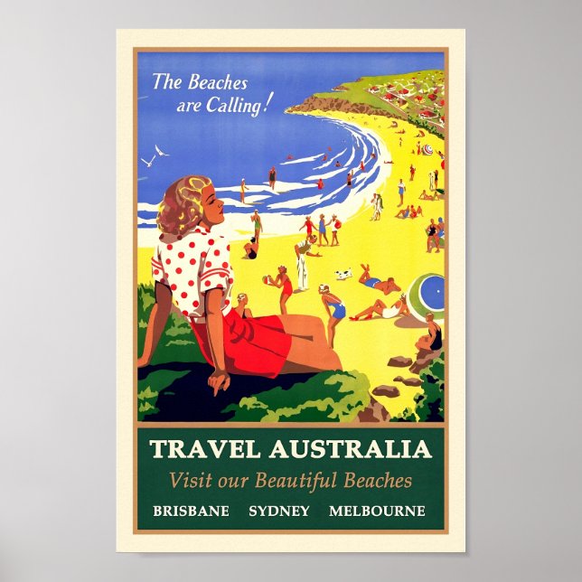 Póster Las playas están llamando, Viajar Australia Vintag (Frente)