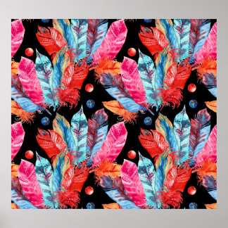 Póster Las plumas coloridas, boho, sin costuras, vibrante