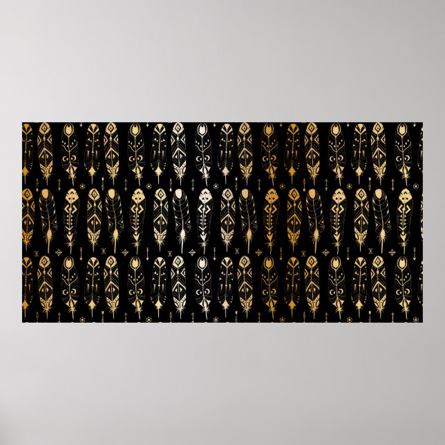 Póster Las plumas de oro texturadas al estilo tribal. Sin (Frente)