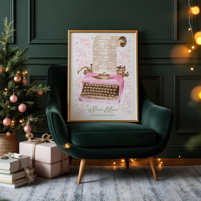 Póster Las reglas de Santa María retro acuarela máquina d (Santa's Rules Retro Watercolor Pink Typewriter Poster)