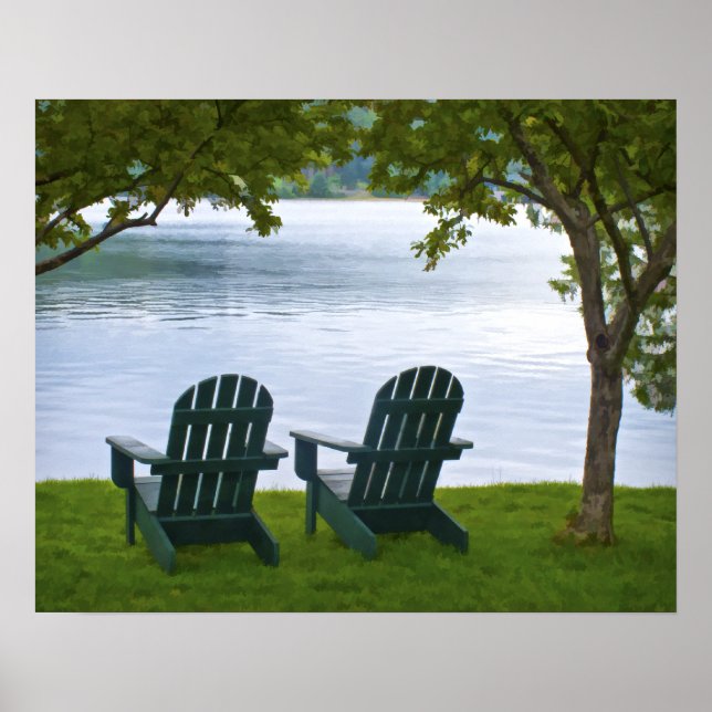Póster Las sillas Adirondack frente a un lago (Frente)