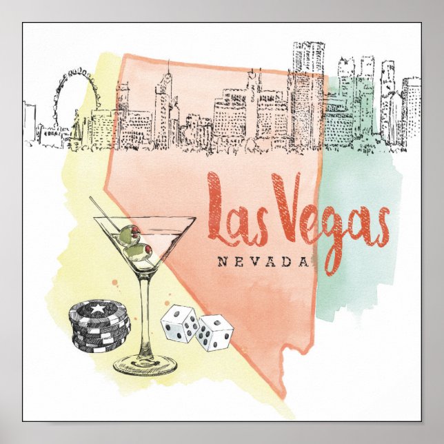 Póster Las Vegas, Nevada | Imagen de esbozo de acuarela (Frente)