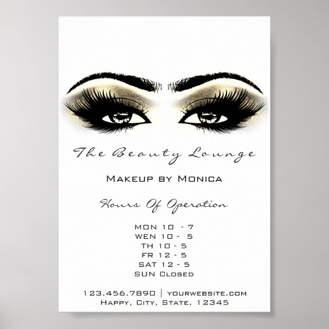 Póster Lashes maquillaje Abriendo Horas Salón de Oro Blan (Frente)
