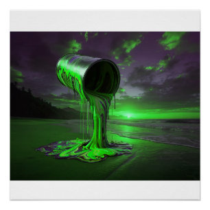 Póster Lata de pintura gigante vierte pintura en la playa