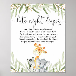 Póster Late night diapers baby shower game safari animals