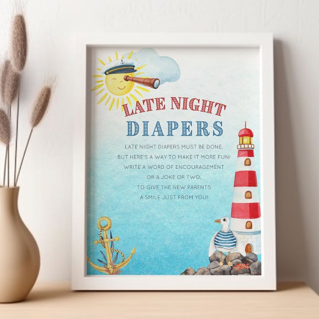Póster Late Night Diapers Cute Nautical Baby Shower (Late Night Diaper Game Sign from my Ahoy it's a boy Nautical Baby Shower collection)