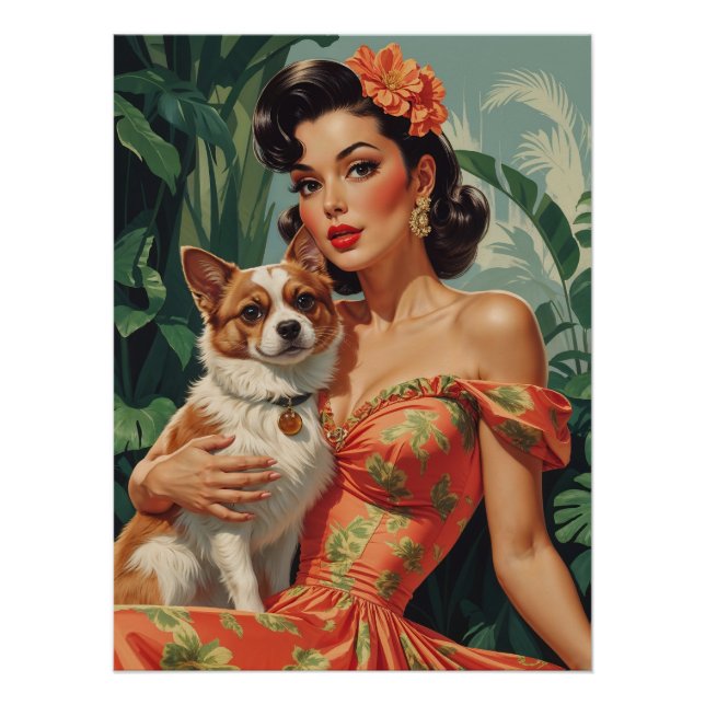 Póster Latina Pin-Up con Perro Cute (Anverso)