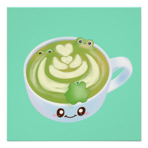 Póster Latte De Té Verde Matcha Caliente Con Ranas Cutas