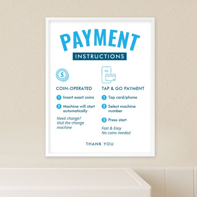 Póster Laundromat Payment Instructions Poster Wall Sign (modern laundromat payment options and  instructions poster template in blue and white)