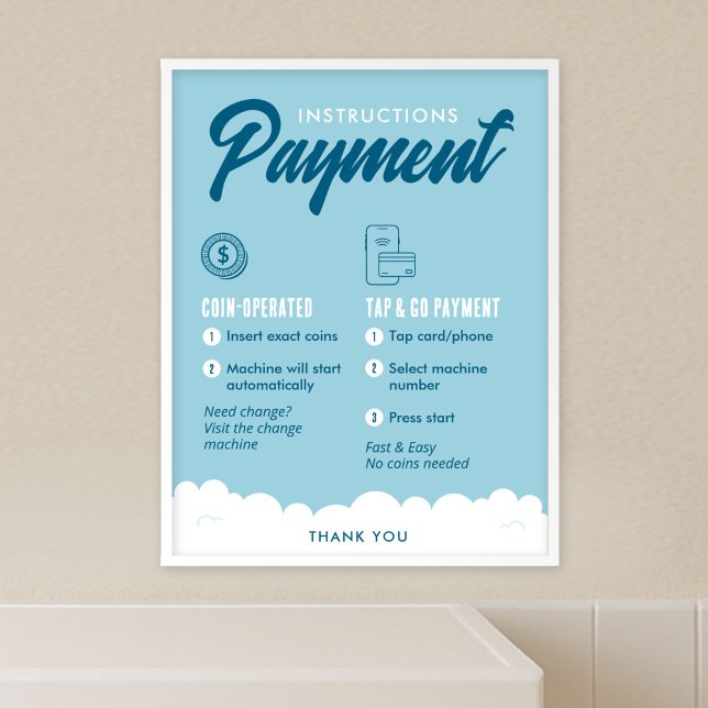 Póster Laundromat Payment Instructions Poster Wall Sign (Customizable laundromat payment options and  instructions poster template in blue and white)