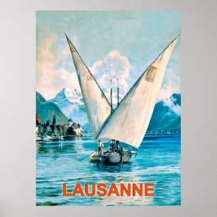 Póster Lausana, Lago Ginebra, Suiza, viaje vintage