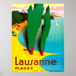 Póster Lausana, playa del lago de Ginebra, Suiza