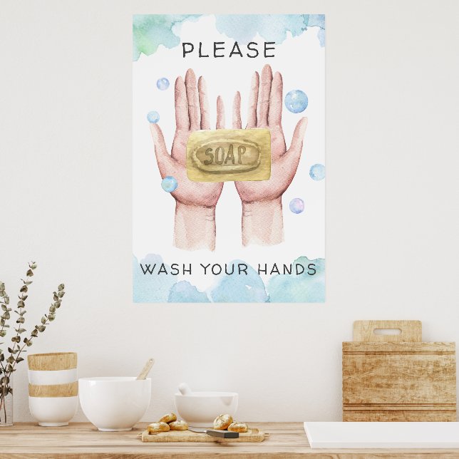 Póster Lava Tus Manos | Ilustración Acuarela (Cocina)