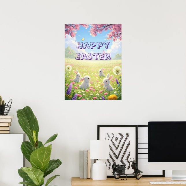 Póster Lavanda Pascua Lindo Conejo Blanco Floral Primaver (Oficina en casa)